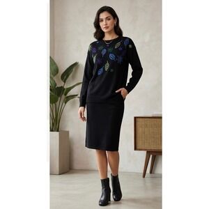 Liz Claiborne Dress Set Black Floral Wool Blend Embroidery Sweater Top/ Skirt  M